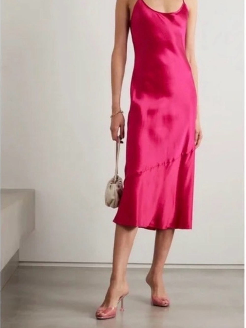 Reformation Satin Slip Midi Dress in Bright Pink